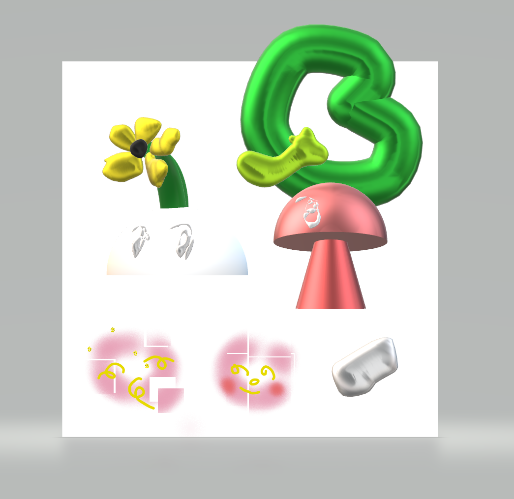 Doodles in Microsoft Paint3D. Shinny metallic daisy with blob-like flower petals, on a holographic mound with large metallic eyes. A glossy pink mushroom made of a hemisphere and a cone. Faces drawn on airbrushed marks that were cut and separated.